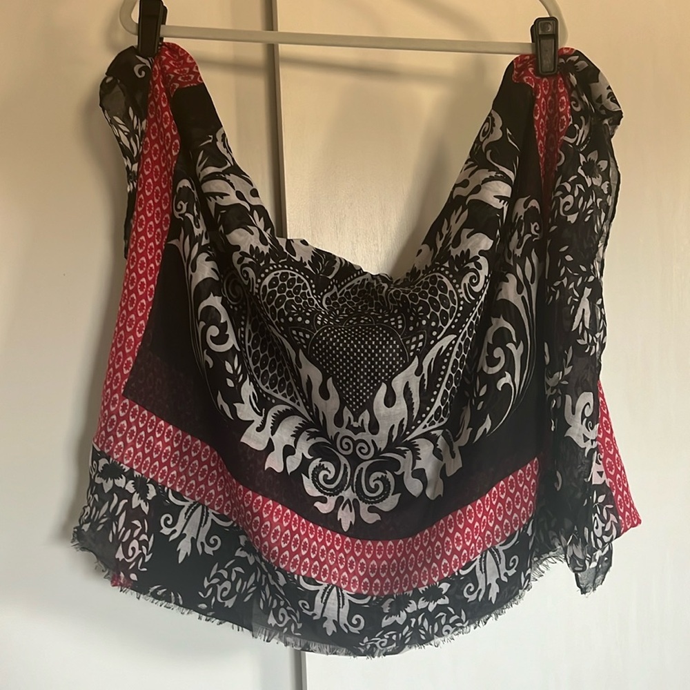 Black, red, and white scarf or wrap | 84x34 | frayed edge | Cejon